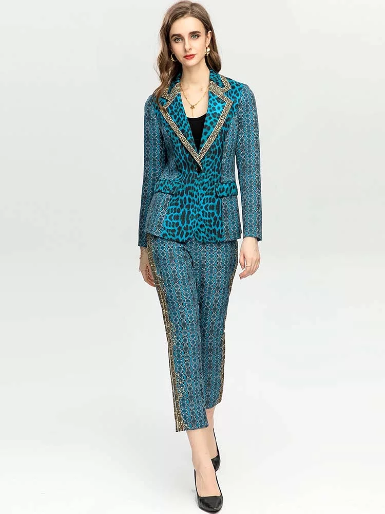 Women's Vintage Blue Leopard Jacket Coat + High waist Pants 2 Piece Suit