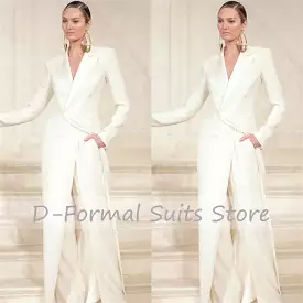 Women's White 2 Pieces Double Breasted Long Blazer Suits Set Elegant Designer Wide Leg Pants Celebrity костюм женский Tailored