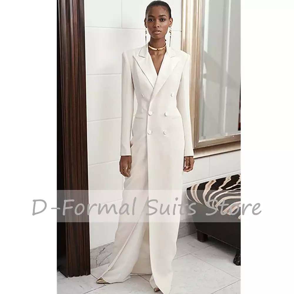 Women's White 2 Pieces Double Breasted Long Blazer Suits Set Elegant Designer Wide Leg Pants Celebrity костюм женский Tailored