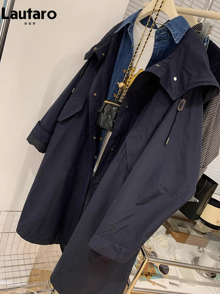 Womens Windbreaker Coat Autumn Winter Long Oversized Navy Blue Windbreaker Women with Drawstring Hood Khaki Cargo Coat with Long