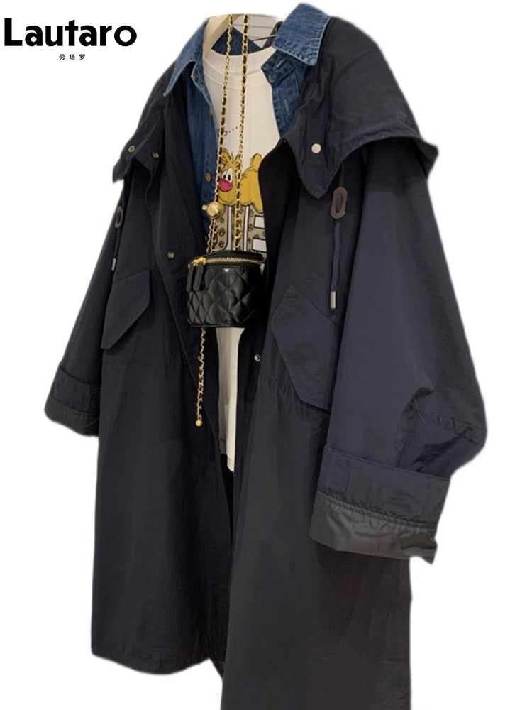 Womens Windbreaker Coat Autumn Winter Long Oversized Navy Blue Windbreaker Women with Drawstring Hood Khaki Cargo Coat with Long