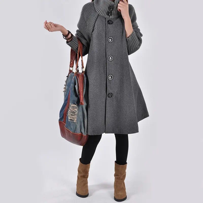 Woolen Coat Winter Cloak Knit Long-sleeved High O-neck Trench Coat Female Spring Autumn Women's Single-breasted Windbreaker B-27