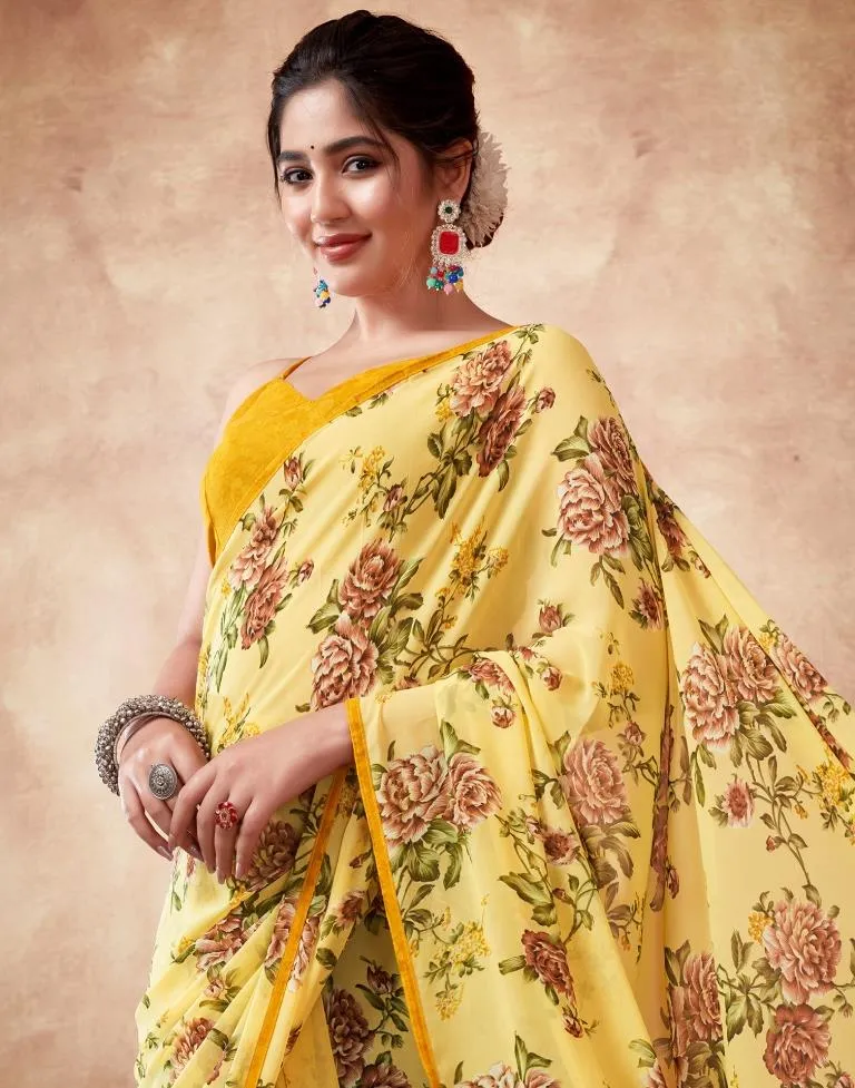 Yellow Georgette Printed Sarees