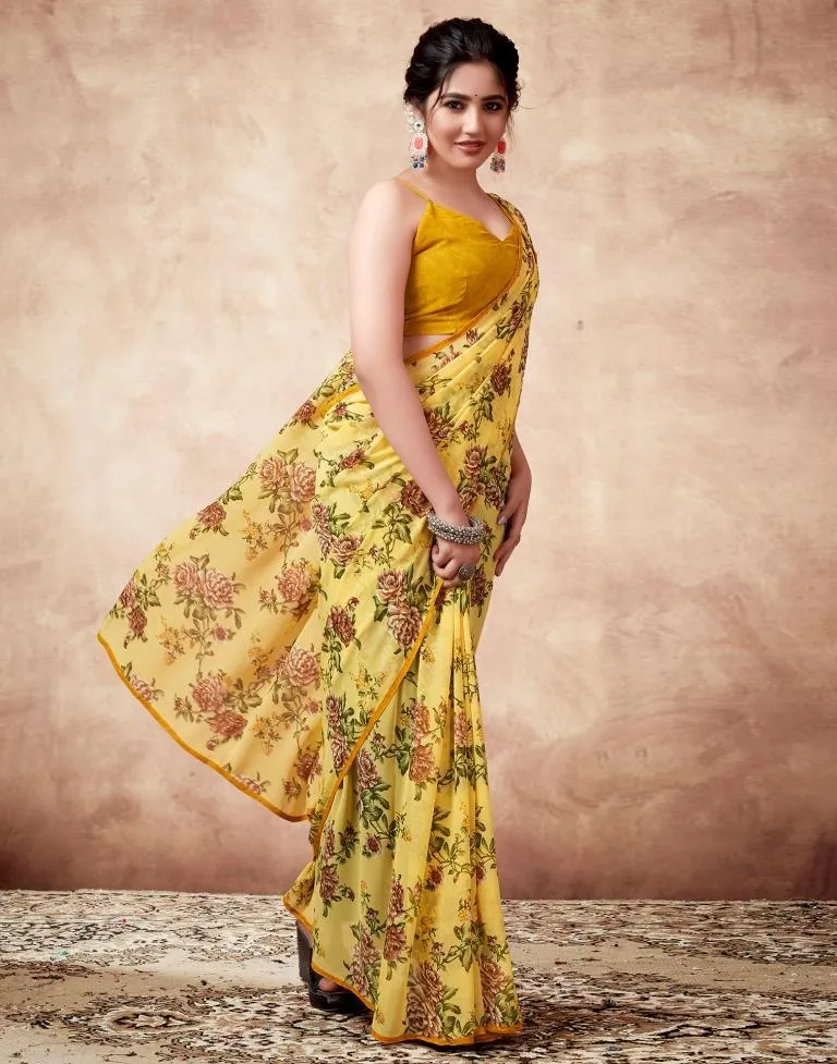 Yellow Georgette Printed Sarees